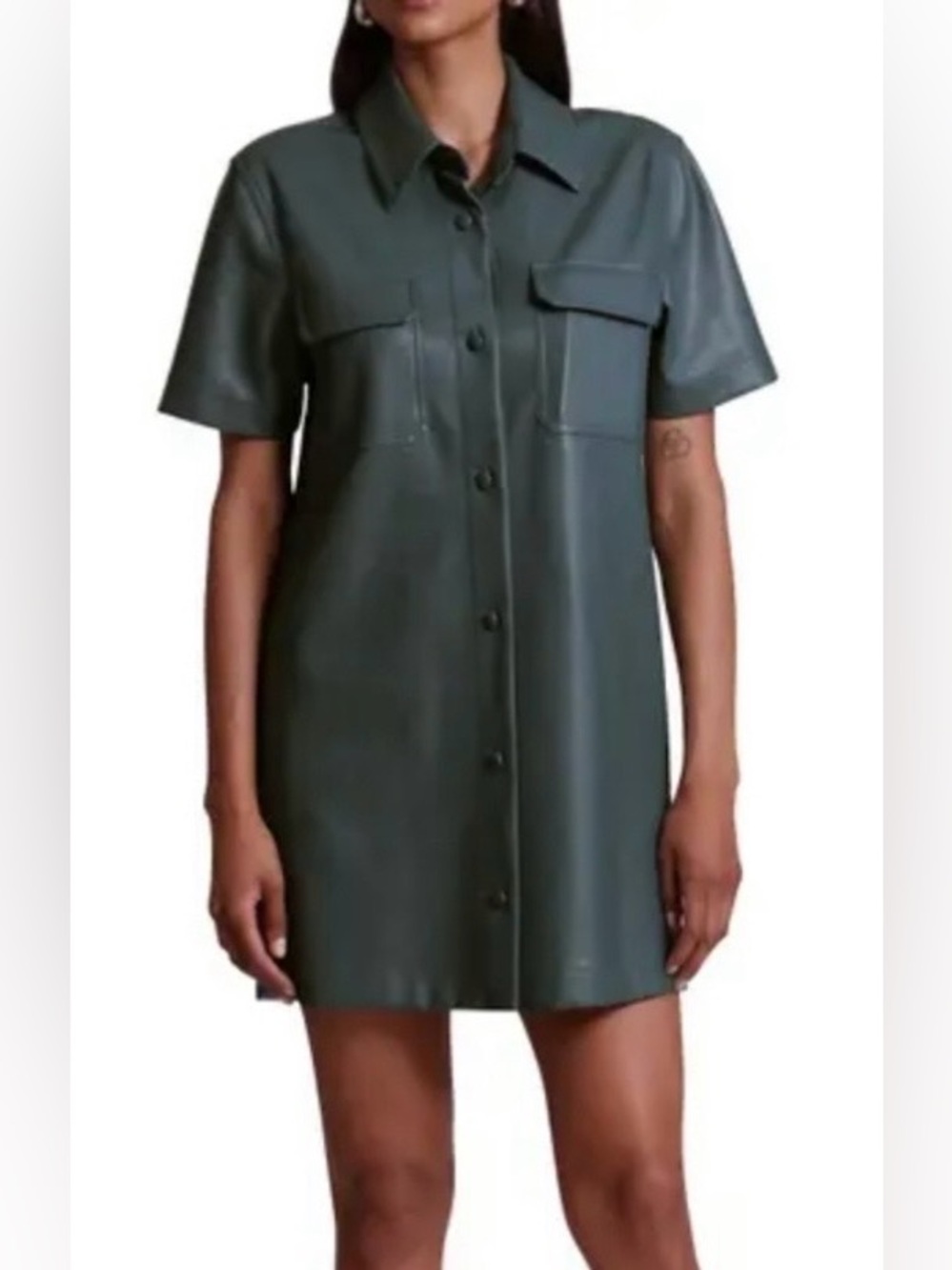 7 For All Mankind Faux Vegan Leather Button Up Green Shirt Dress Medium